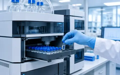 Sample vial being loaded into an analytical testing instrument