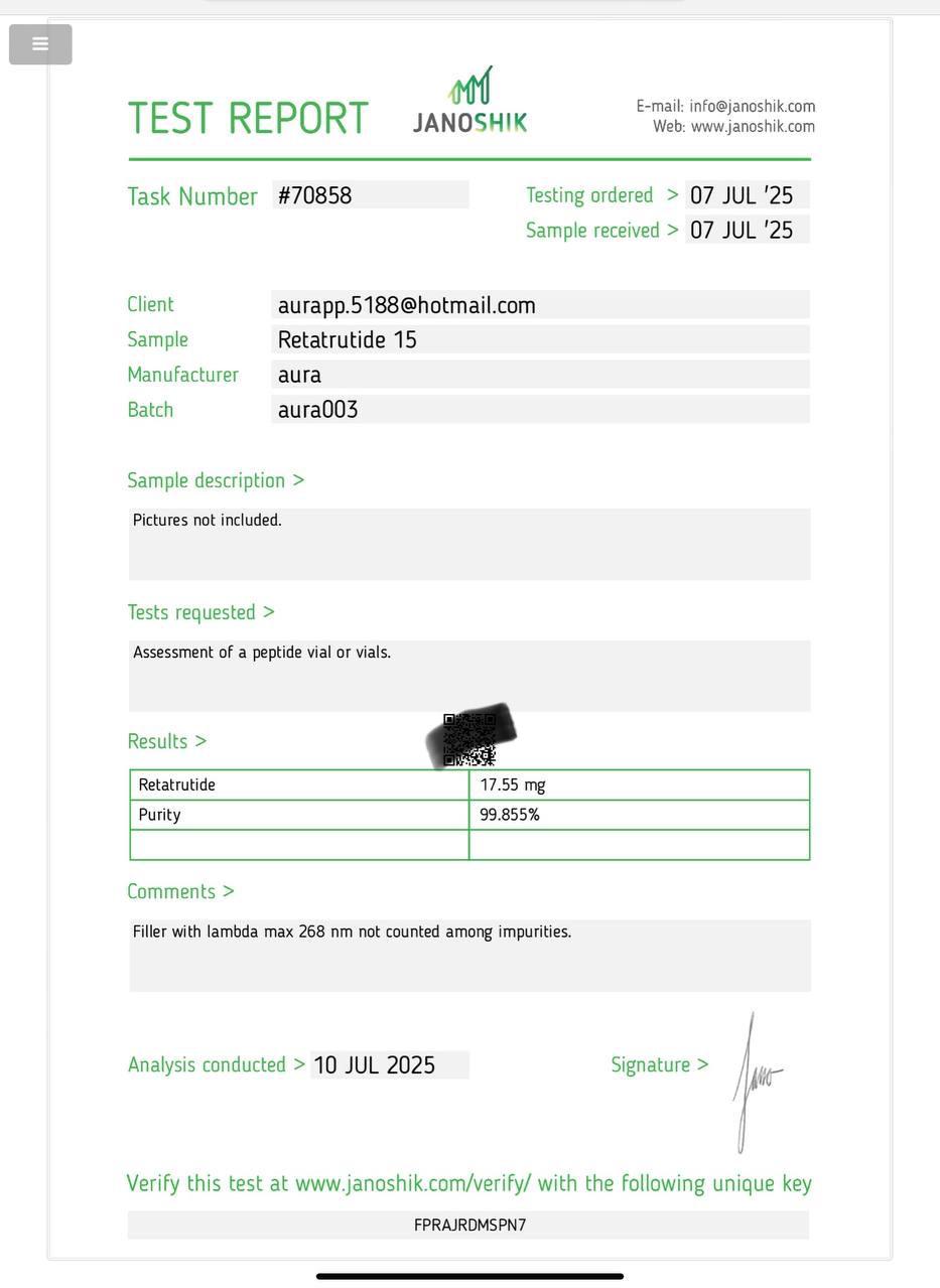 Janoshik Analytical Certificate of Analysis — Retatrutide 15 mg, batch aura003, task #70858