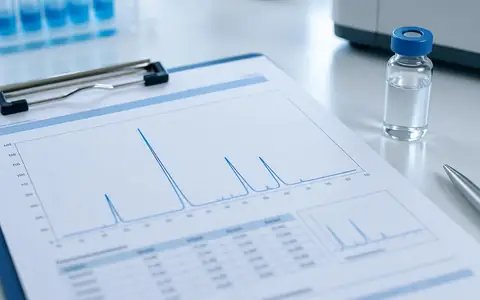 Printed laboratory analysis report beside a vial