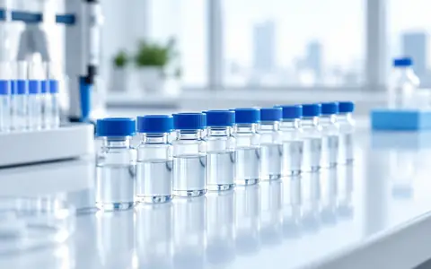Row of research vials on a laboratory bench